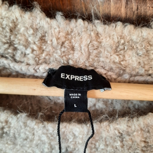 🛍 NWT Express Boucle Crew Neck Mini Shift Sweater Dress tan wool blend size L - Picture 12 of 14